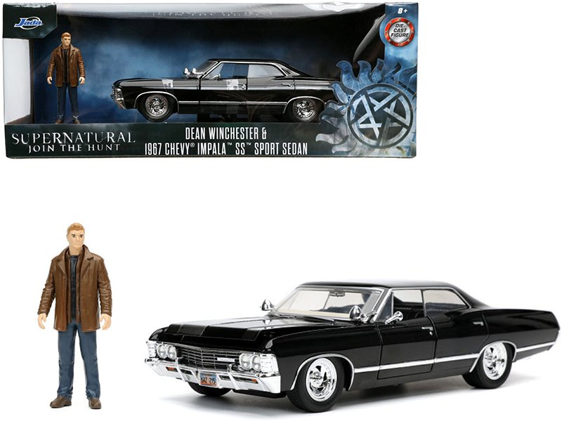 1967 chevrolet impala ss sport sedan black and dean winchester diecast figurine "supernatural" (2005 2020) tv series "hollywood rides" series 1/24 diecast model car by jada 1967 chevrolet impala ss sport sedan black and dean winchester diecast figurine "supernatural" (2005 2020) tv series "hollywood rides" series 1/24 diecast model car by jada