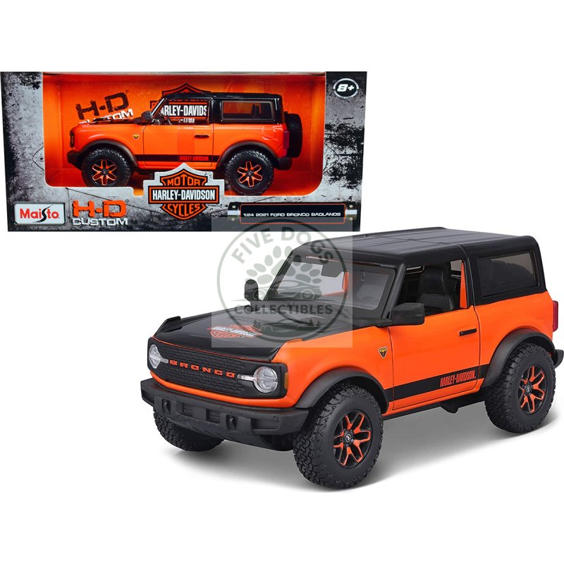 2021 ford bronco badlands orange and black "harley davidson" "h d custom" series 1/24 diecast model car by maisto