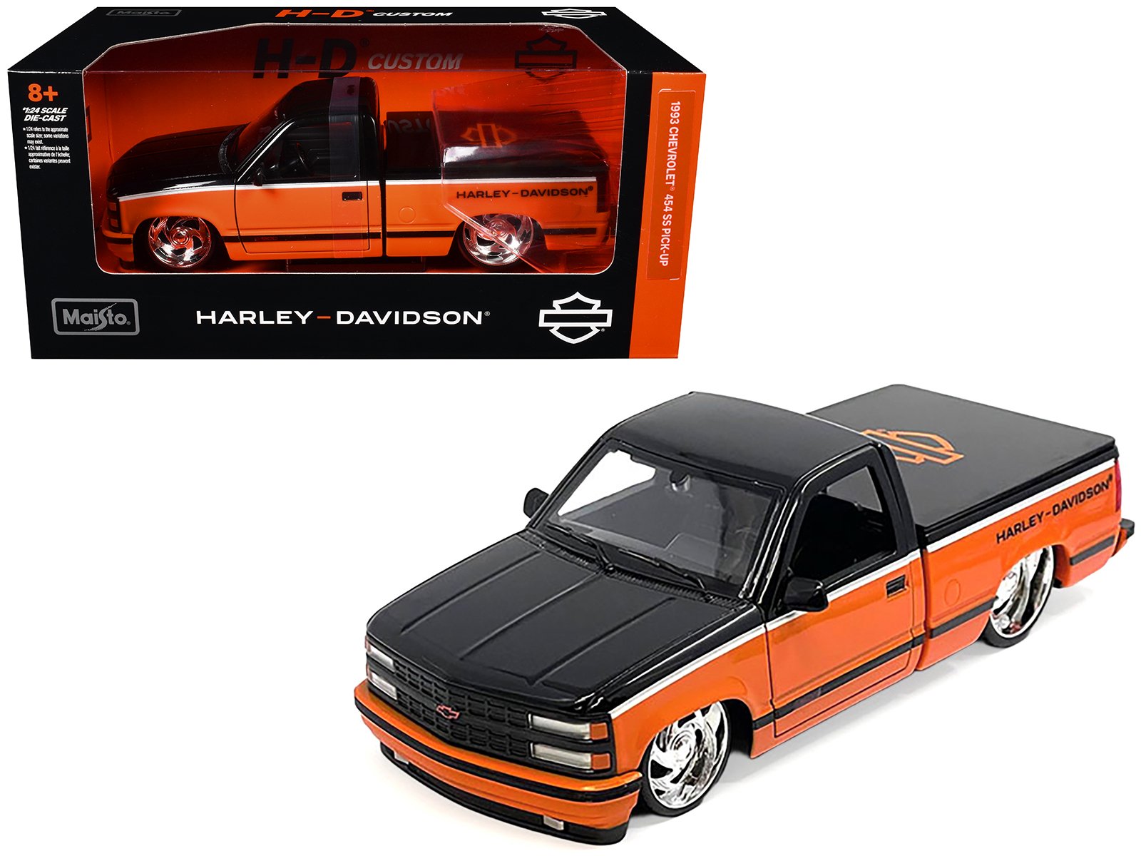 1993 chevrolet 454 ss pickup truck "harley davidson" black and orange "h d custom" series 1/24 diecast model car by maisto 1993 chevrolet 454 ss pickup truck "harley davidson" black and orange "h d custom" series 1/24 diecast model car by maisto