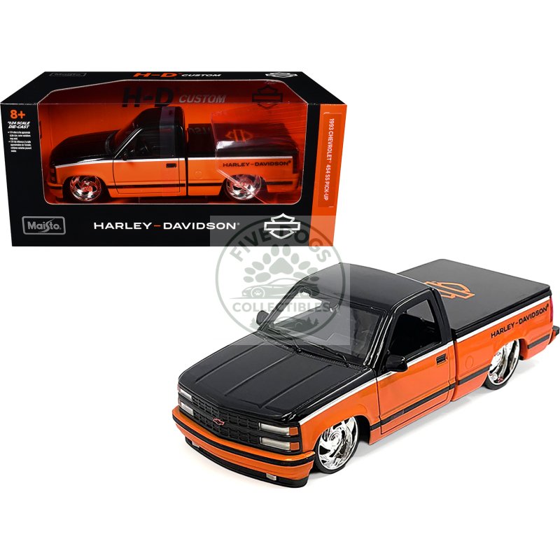 1993 chevrolet 454 ss pickup truck "harley davidson" black and orange "h d custom" series 1/24 diecast model car by maisto