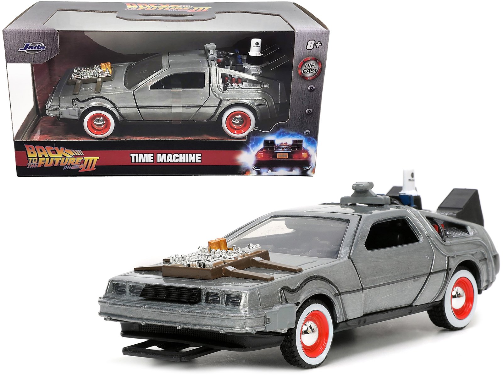 delorean dmc (time machine) brushed metal "back to the future part iii" (1990) movie "hollywood rides" series 1/32 diecast model car by jada delorean dmc (time machine) brushed metal "back to the future part iii" (1990) movie "hollywood rides" series 1/32 diecast model car by jada
