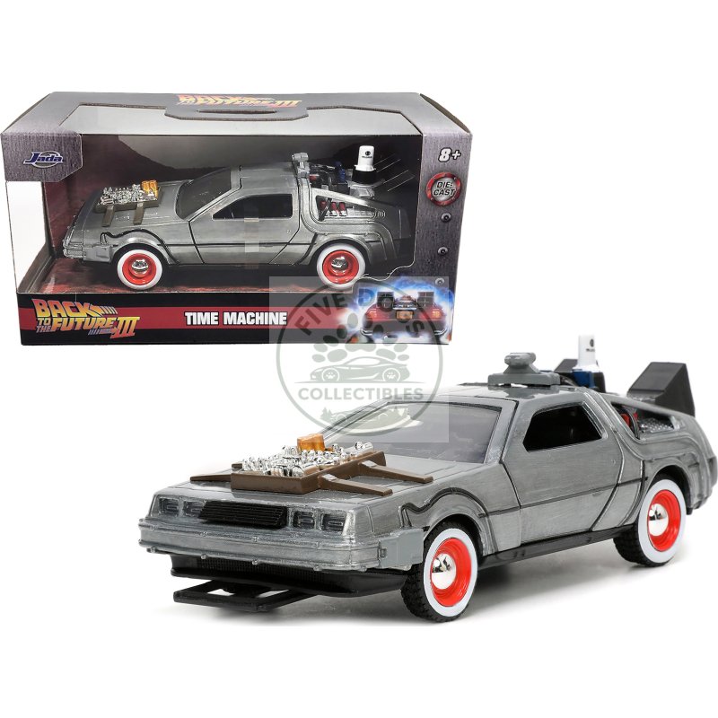 delorean dmc (time machine) brushed metal "back to the future part iii" (1990) movie "hollywood rides" series 1/32 diecast model car by jada