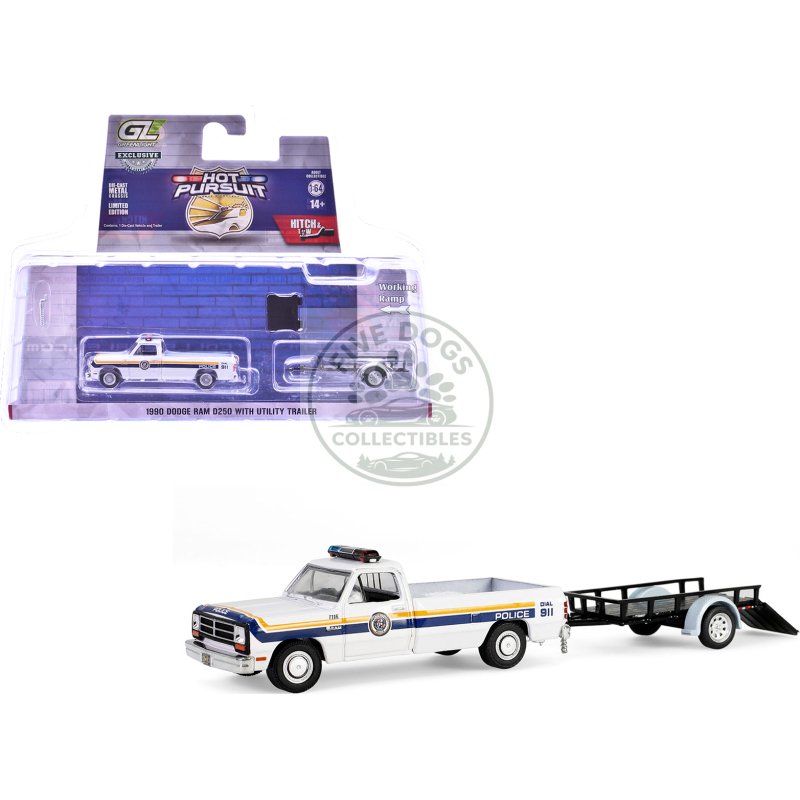 1990 dodge ram d250 pickup truck "philadelphia pa police department" white with stripes and utility trailer "hot pursuit hitch & tow" series 1 1/64 diecast model cars by greenlight