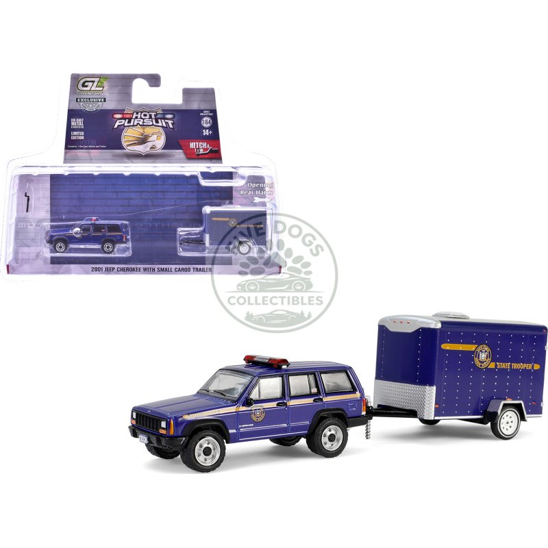 2001 jeep cherokee "new york state police" blue with yellow stripes and small cargo trailer "hot pursuit hitch & tow" series 1 1/64 diecast model cars by greenlight