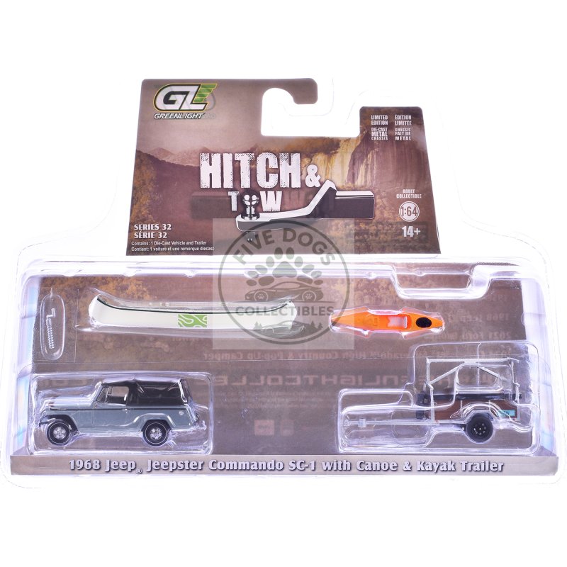 1968 jeep jeepster commando sc 1 gray with black stripes and top with canoe trailer canoe rack canoe and kayak "hitch & tow" series 32 1/64 diecast model cars by greenlight