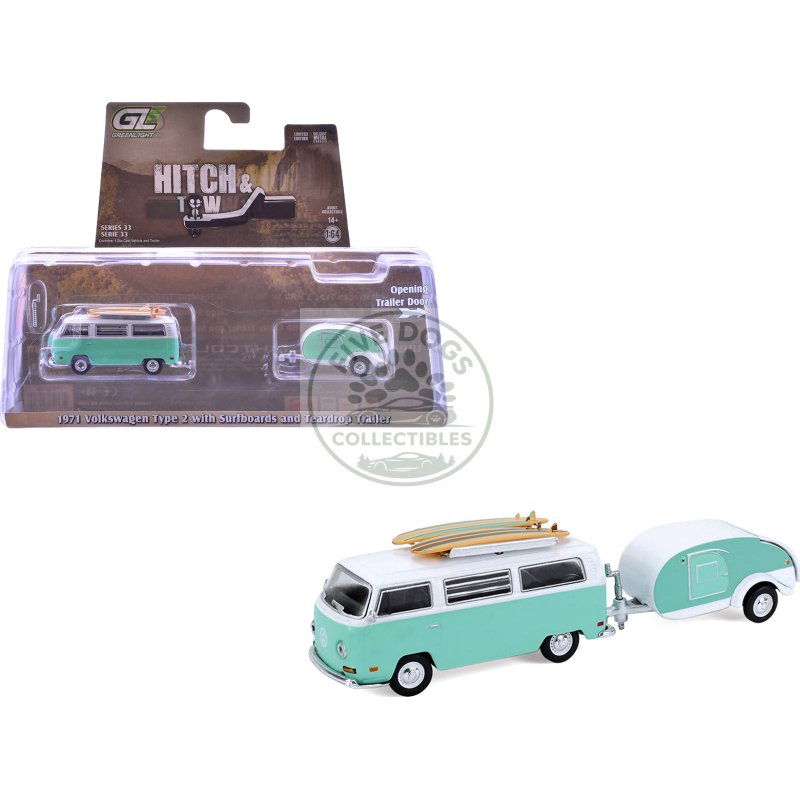 1971 volkswagen type 2 van seafoam green and white with surfboards and teardrop trailer "hitch & tow" series 33 1/64 diecast model cars by greenlight