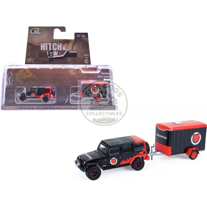 2012 jeep wrangler unlimited "diablo sport" black with red graphics and small cargo trailer "hitch & tow" series 33 1/64 diecast model cars by greenlight