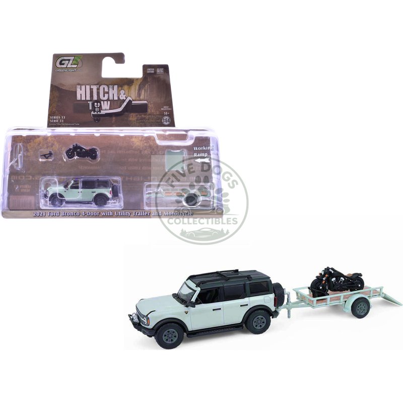 2021 ford bronco 4 door badlands cactus gray with black top and motorcycle with utility trailer "hitch & tow" series 33 1/64 diecast model cars by greenlight