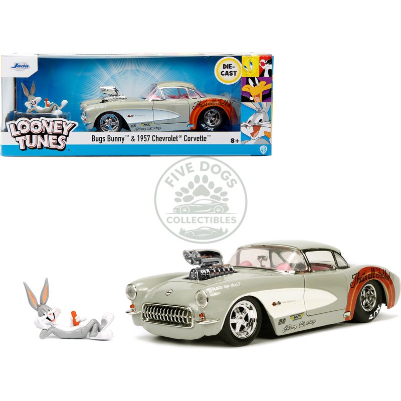 1957 chevrolet corvette beige with pink interior with bugs bunny figure "looney tunes" "hollywood rides" series 1/24 diecast model car by jada