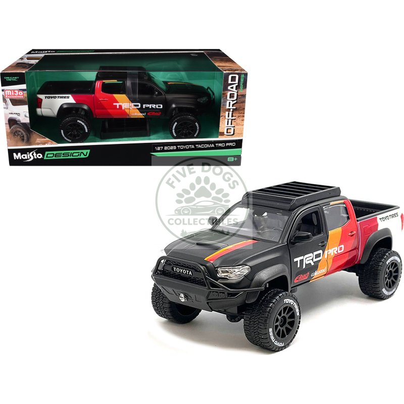 2023 toyota tacoma trd pro off road pickup truck matt black with graphics and roofrack "maisto design" series 1/27 diecast model car by maisto