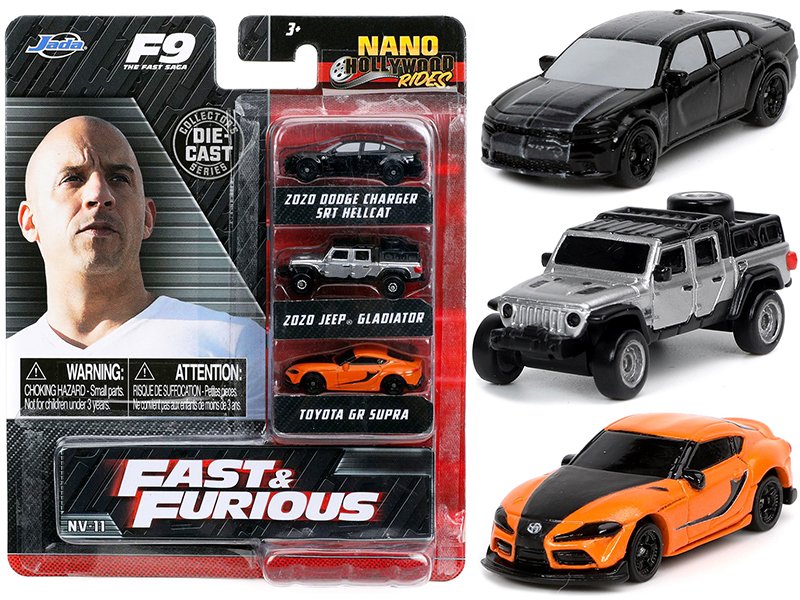 "fast & furious 9" (2021) movie 3 piece set "nano hollywood rides" series diecast model cars by jada "fast & furious 9" (2021) movie 3 piece set "nano hollywood rides" series diecast model cars by jada