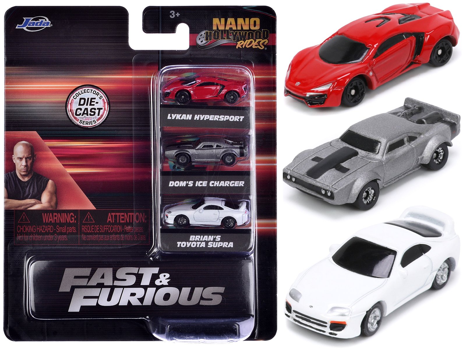 "fast & furious" movie 3 piece set series 4 "nano hollywood rides" series diecast model cars by jada "fast & furious" movie 3 piece set series 4 "nano hollywood rides" series diecast model cars by jada