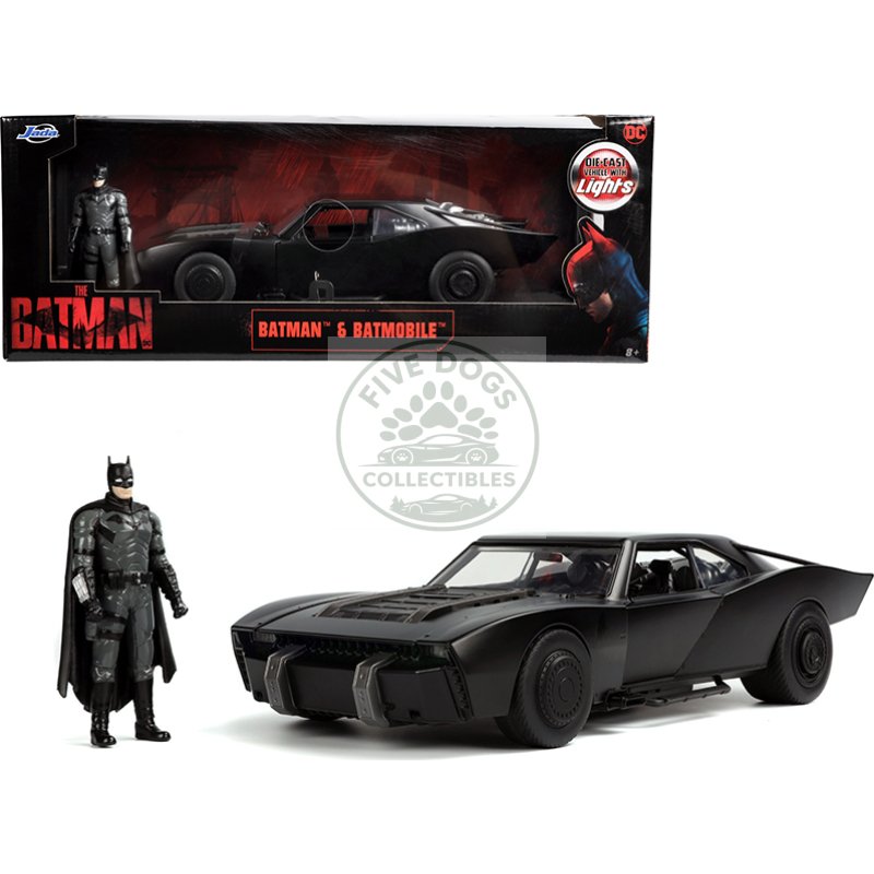 batmobile matt black with lights with batman diecast figurine "the batman" (2022) movie "dc comics" 1/18 diecast model car by jada