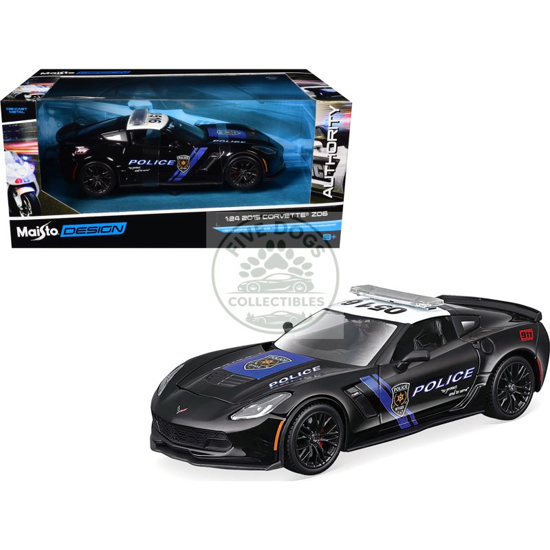 2015 chevrolet corvette z06 "police" black with blue stripes and white top "maisto design authority" series 1/24 diecast model car by maisto