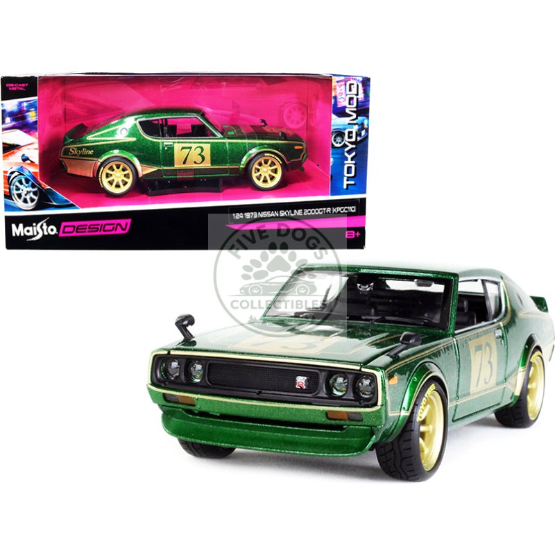 1973 nissan skyline 2000gt r (kpgc110) #73 green metallic with gold stripes "tokyo mod" series 1/24 diecast model car by maisto