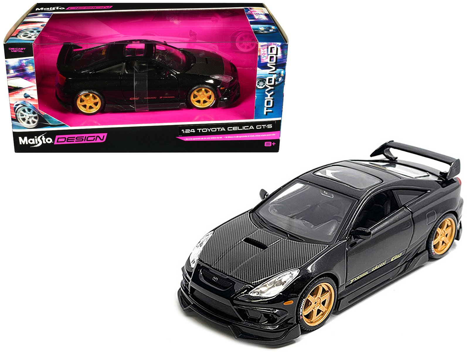 toyota celica gt s black with carbon hood and sunroof "maisto design tokyo mod" series 1/24 diecast model car by maisto toyota celica gt s black with carbon hood and sunroof "maisto design tokyo mod" series 1/24 diecast model car by maisto