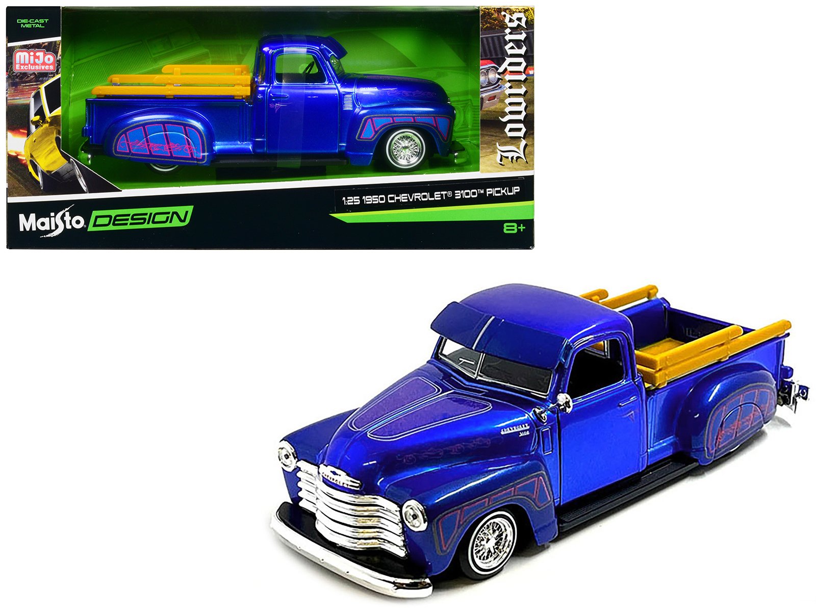 1950 chevrolet 3100 pickup truck lowrider candy blue with graphics "lowriders" series 1/25 diecast model car by maisto 1950 chevrolet 3100 pickup truck lowrider candy blue with graphics "lowriders" series 1/25 diecast model car by maisto