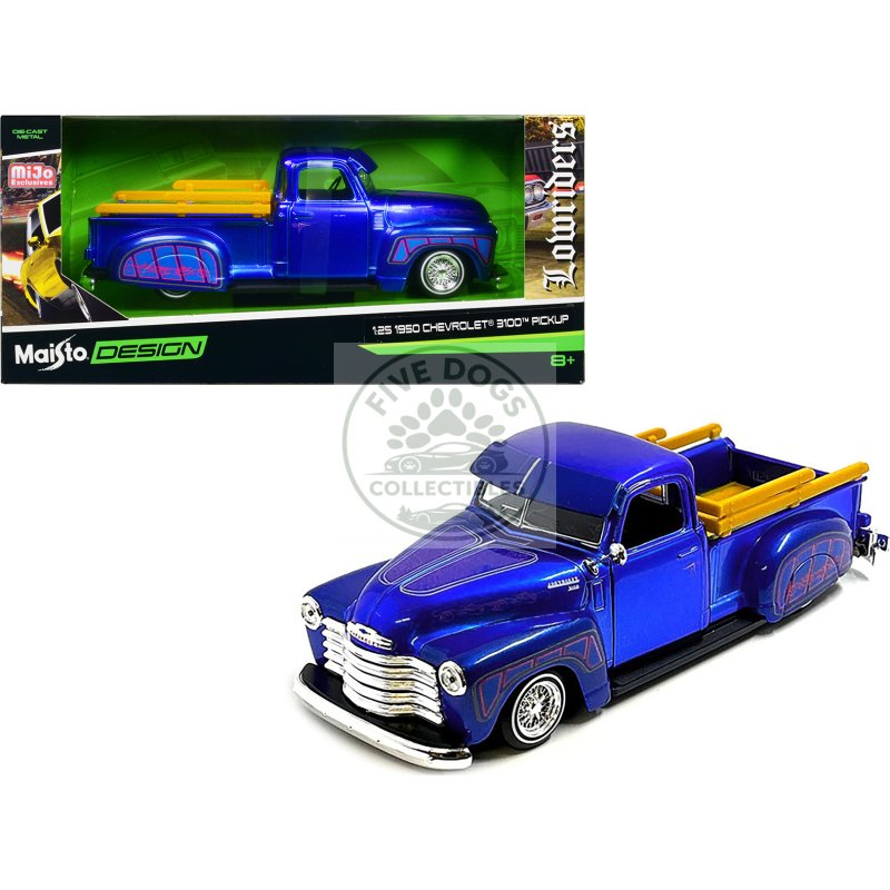 1950 chevrolet 3100 pickup truck lowrider candy blue with graphics "lowriders" series 1/25 diecast model car by maisto