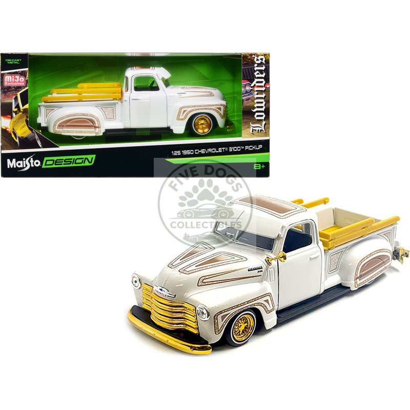 1950 chevrolet 3100 pickup truck lowrider white with graphics and gold wheels "lowriders" series 1/25 diecast model car by maisto
