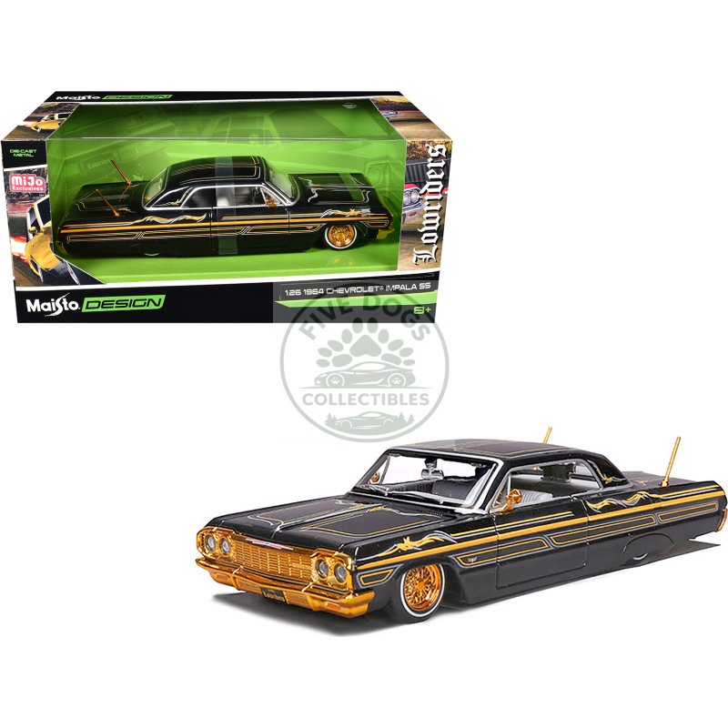 1964 chevrolet impala ss lowrider black metallic with gold graphics and gray interior "lowriders" "maisto design" series 1/26 diecast model car by maisto