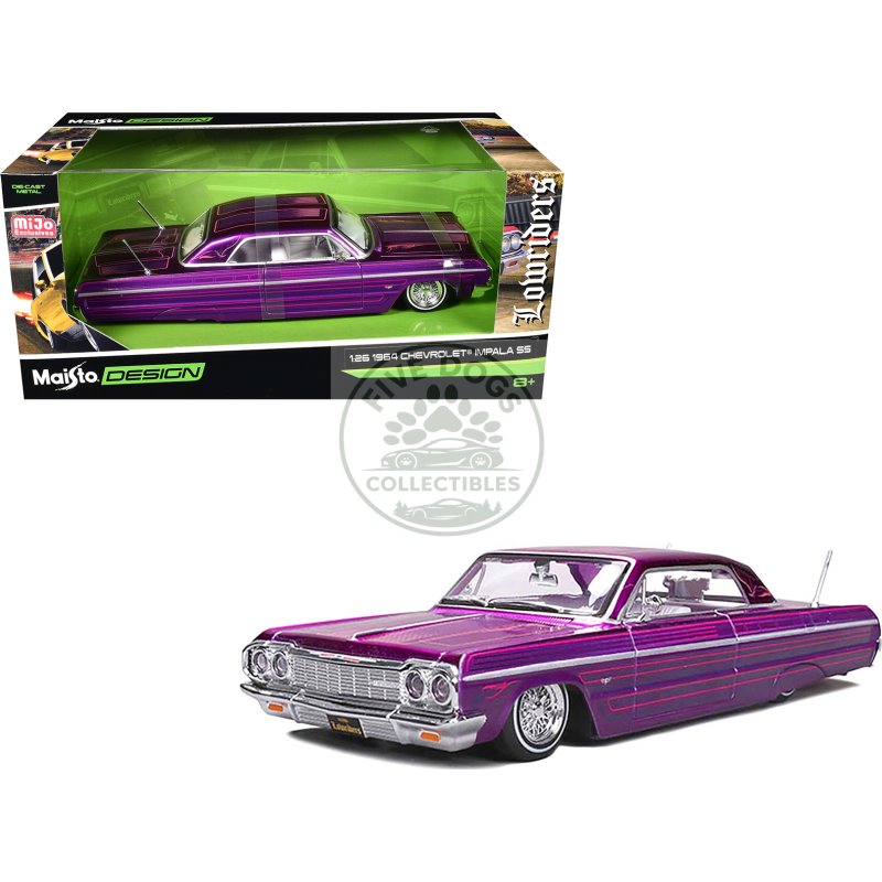 1964 chevrolet impala ss lowrider candy purple with graphics and white interior "lowriders" "maisto design" series 1/26 diecast model car by maisto