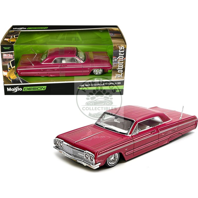 1964 chevrolet impala ss lowrider pink with graphics and white interior "lowriders" "maisto design" series 1/26 diecast model car by maisto