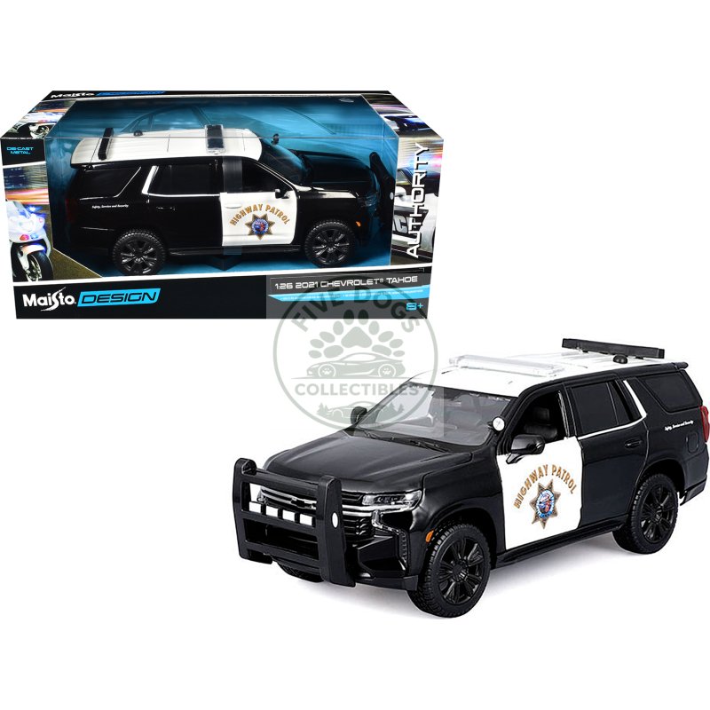 2021 chevrolet tahoe "california highway patrol" black and white "authority" "maisto design" series 1/26 diecast model car by maisto