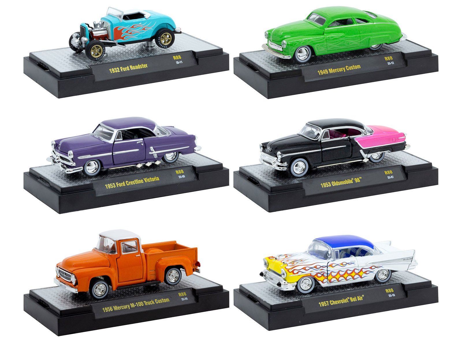 "auto meets" set of 6 cars in display cases release 88 limited edition 1/64 diecast model cars by m2 machines "auto meets" set of 6 cars in display cases release 88 limited edition 1/64 diecast model cars by m2 machines
