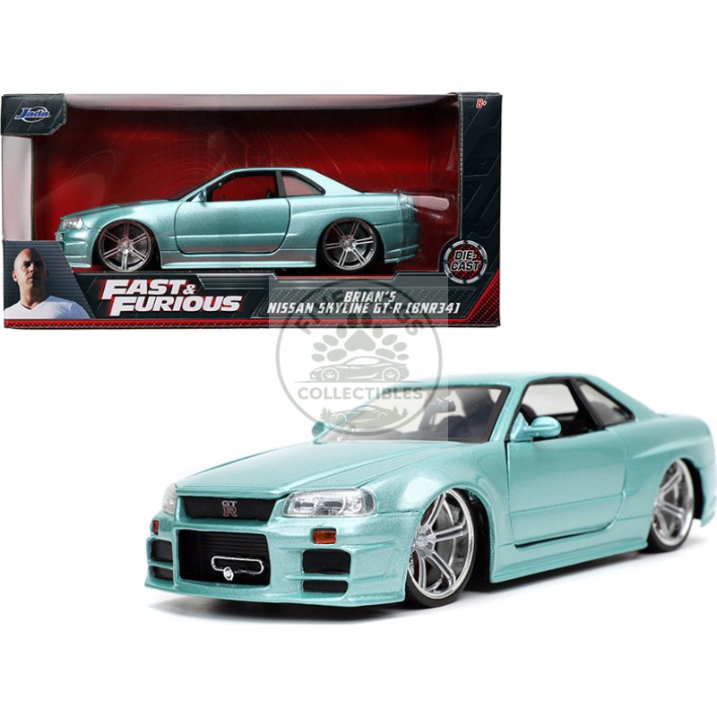 brian's nissan skyline gt r (bnr34) rhd (right hand drive) turquoise metallic "fast & furious" movie 1/24 diecast model car by jada