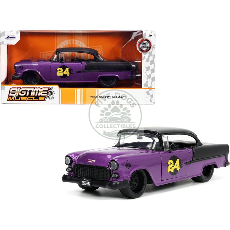 1955 chevrolet bel air #24 purple metallic and matt black "bigtime muscle" series 1/24 diecast model car by jada