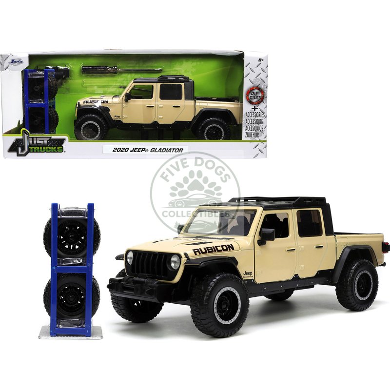 2020 jeep gladiator rubicon pickup truck cream with roof rack with extra wheels "just trucks" series 1/24 diecast model car by jada
