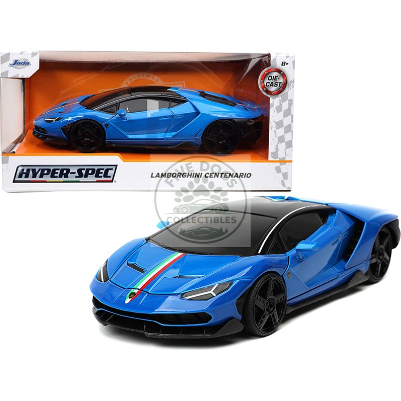 lamborghini centenario blue with black top with stripes "hyper spec" series 1/24 diecast model car by jada