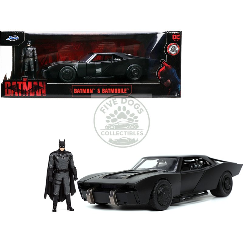 batmobile matt black with batman diecast figure "the batman" (2022) movie "dc comics" 1/24 diecast model car by jada