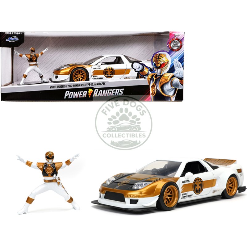 2002 honda nsx type r japan spec rhd (right hand drive) and white ranger diecast figurine "power rangers" 1/24 diecast model car by jada