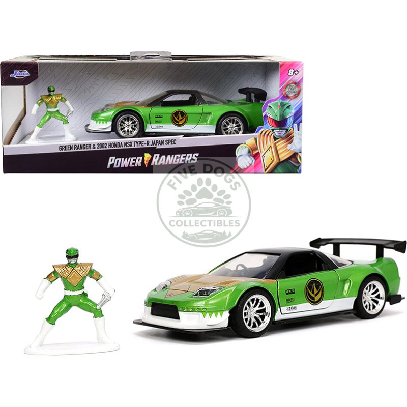 2002 honda nsx type r japan spec rhd (right hand drive) and green ranger diecast figurine "power rangers" "hollywood rides" series 1/32 diecast model car by jada