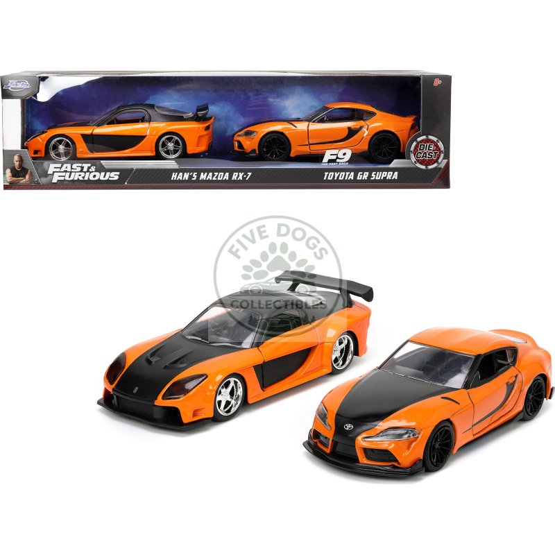 han's mazda rx 7 orange metallic and matt black and toyota gr supra orange metallic with black hood set of 2 pieces "fast & furious" series 1/32 diecast model cars by jada