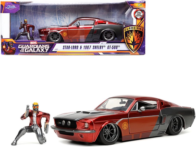 1967 ford mustang shelby gt 500 red metallic and gray metallic with star lord diecast figurine "guardians of the galaxy" "marvel" series 1/24 diecast model car by jada 1967 ford mustang shelby gt 500 red metallic and gray metallic with star lord diecast figurine "guardians of the galaxy" "marvel" series 1/24 diecast model car by jada