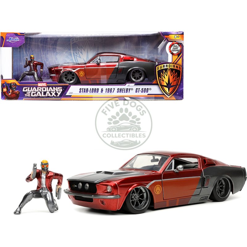 1967 ford mustang shelby gt 500 red metallic and gray metallic with star lord diecast figurine "guardians of the galaxy" "marvel" series 1/24 diecast model car by jada