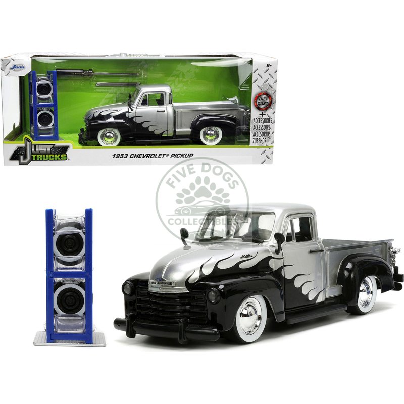1953 chevrolet 3100 pickup truck silver metallic with black flames with extra wheels "just trucks" series 1/24 diecast model car by jada