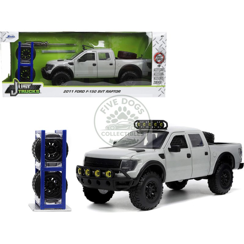 2011 ford f 150 svt raptor pickup truck light gray with extra wheels "just trucks" series 1/24 diecast model car by jada
