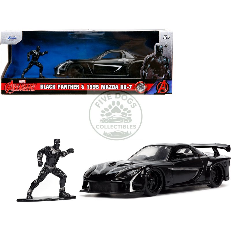 1995 mazda rx 7 rhd (right hand drive) black and black panther diecast figure "the avengers" "hollywood rides" series 1/32 diecast model car by jada