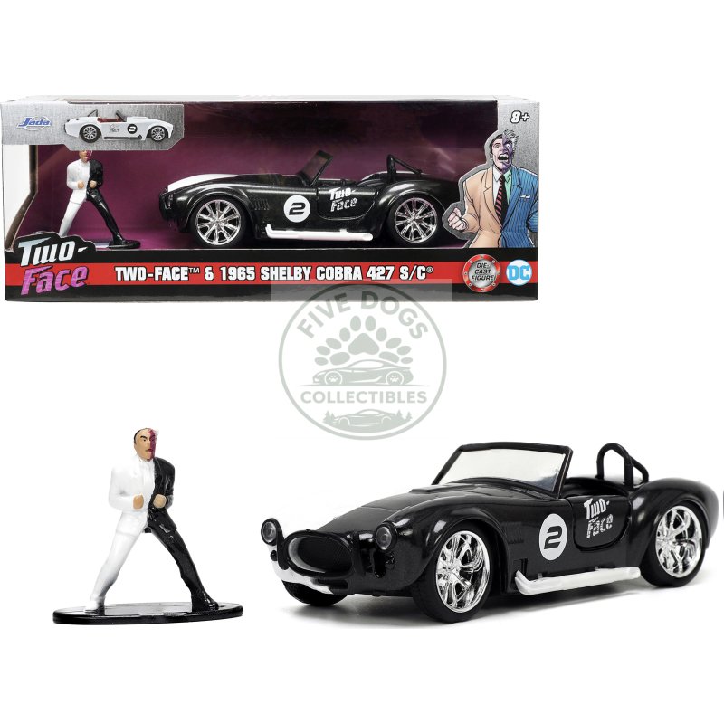 1965 shelby cobra 427 s/c #2 black metallic and white and harvey two face diecast figure "batman" "hollywood rides" series 1/32 diecast model car by jada