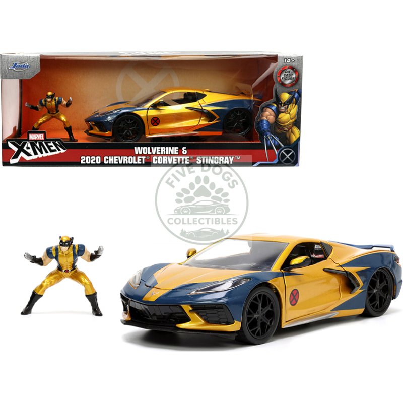 2020 chevrolet corvette c8 stingray gold metallic and dark blue and wolverine diecast figurine "x men" "marvel" series "hollywood rides" 1/24 diecast model car by jada
