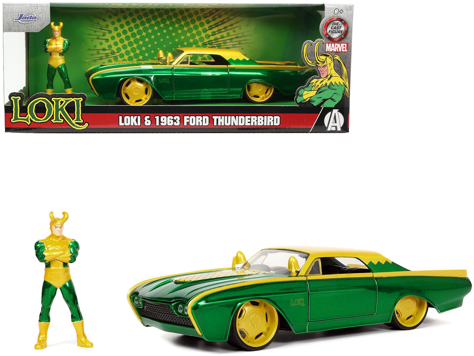 1963 ford thunderbird green and yellow metallic with hood graphics and loki diecast figure "loki" "marvel" series 1/24 diecast model car by jada 1963 ford thunderbird green and yellow metallic with hood graphics and loki diecast figure "loki" "marvel" series 1/24 diecast model car by jada