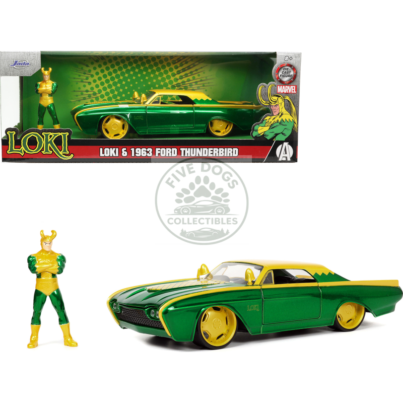 1963 ford thunderbird green and yellow metallic with hood graphics and loki diecast figure "loki" "marvel" series 1/24 diecast model car by jada