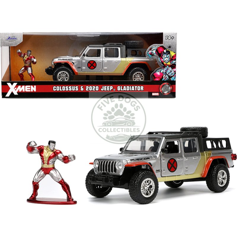 2020 jeep gladiator pickup truck silver and colossus diecast figurine "x men" marvel "hollywood rides" series 1/32 diecast model car by jada
