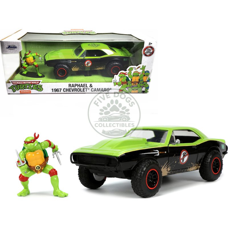1967 chevrolet camaro offroad bright green and matt black (dirty version) and raphael diecast figure "teenage mutant ninja turtles" "hollywood rides" series 1/24 diecast model car by jada