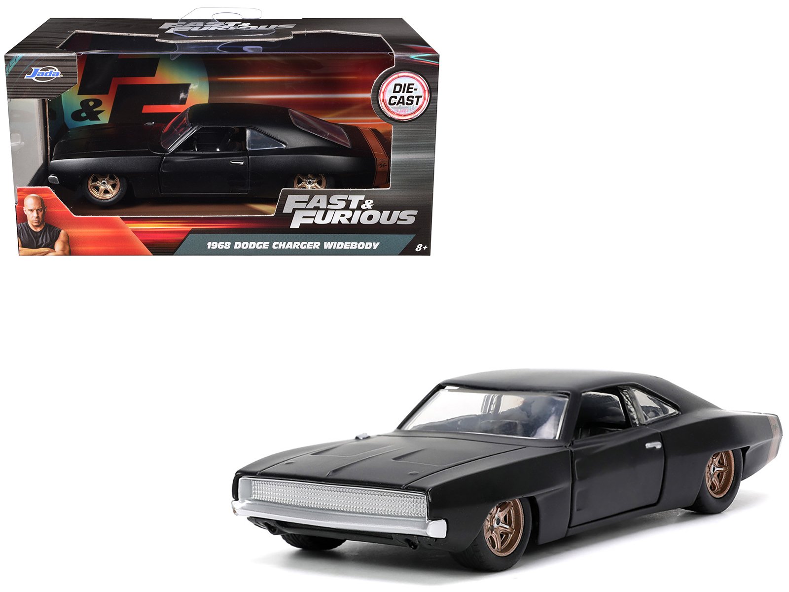 1968 dodge charger widebody matt black with bronze tail stripe "f9" (2021) movie "fast & furious" series 1/32 diecast model car by jada 1968 dodge charger widebody matt black with bronze tail stripe "f9" (2021) movie "fast & furious" series 1/32 diecast model car by jada
