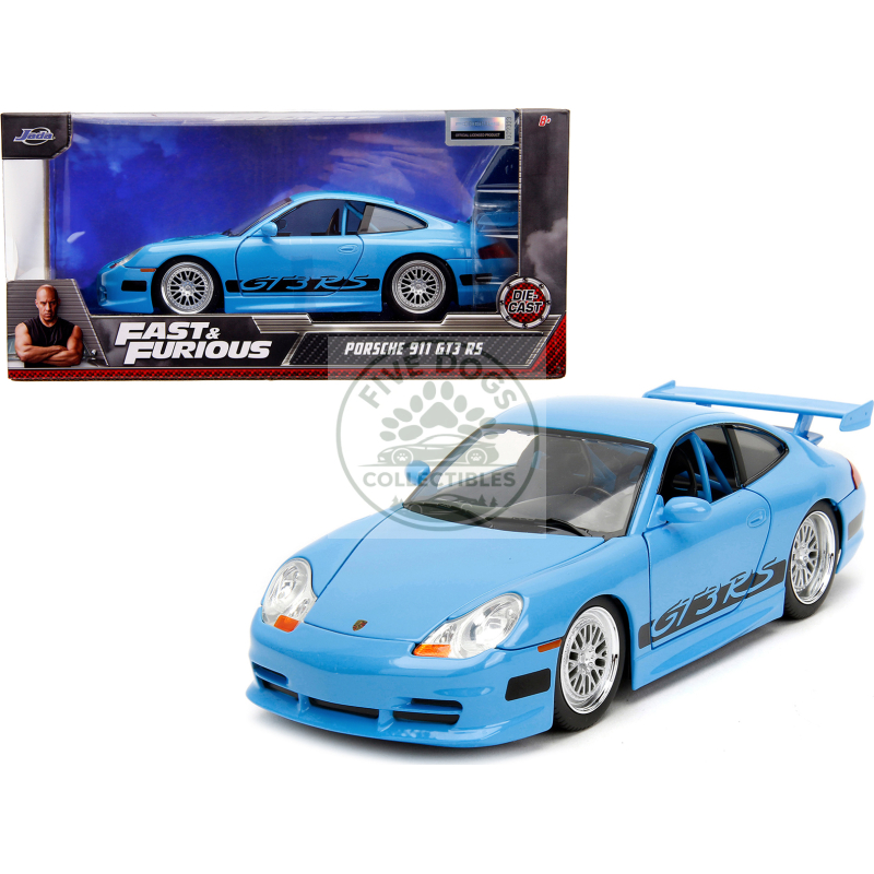 porsche 911 gt3 rs light blue with black accents "fast & furious" movie 1/24 diecast model car by jada