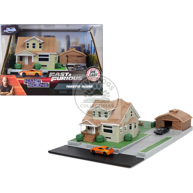 toretto house diorama with dodge charger black and toyota supra orange with graphics "fast and furious" "nano scene" series models by jada